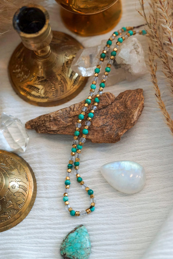 Schutz und Selbstfindungs Perlenkette - Türkis|Bergkristall (Schutzstein - Weg zu dir selbst)