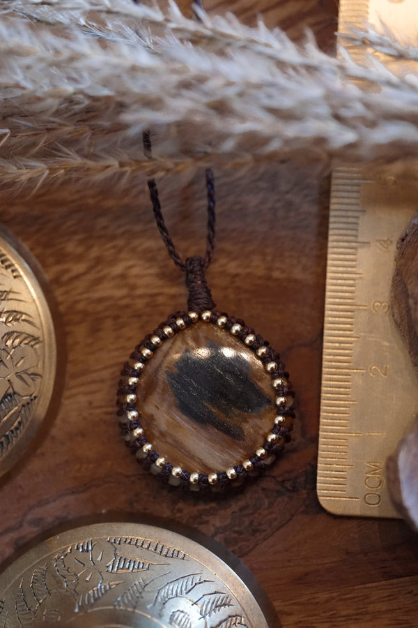 Amulett versteinertes Holz 925 Silber vergoldet - "Kraft - Erdung - dir selbst freien Lauf lassen"