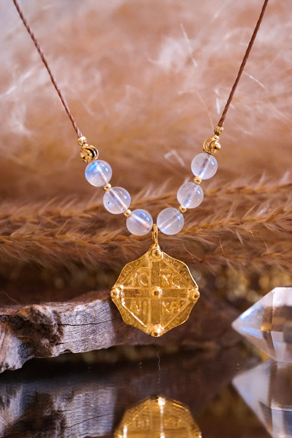 Kette|Amulett Regenbogenmondstein AA  (925 Silber|24 k Vergoldung) - intuitive Kraft für Frauen